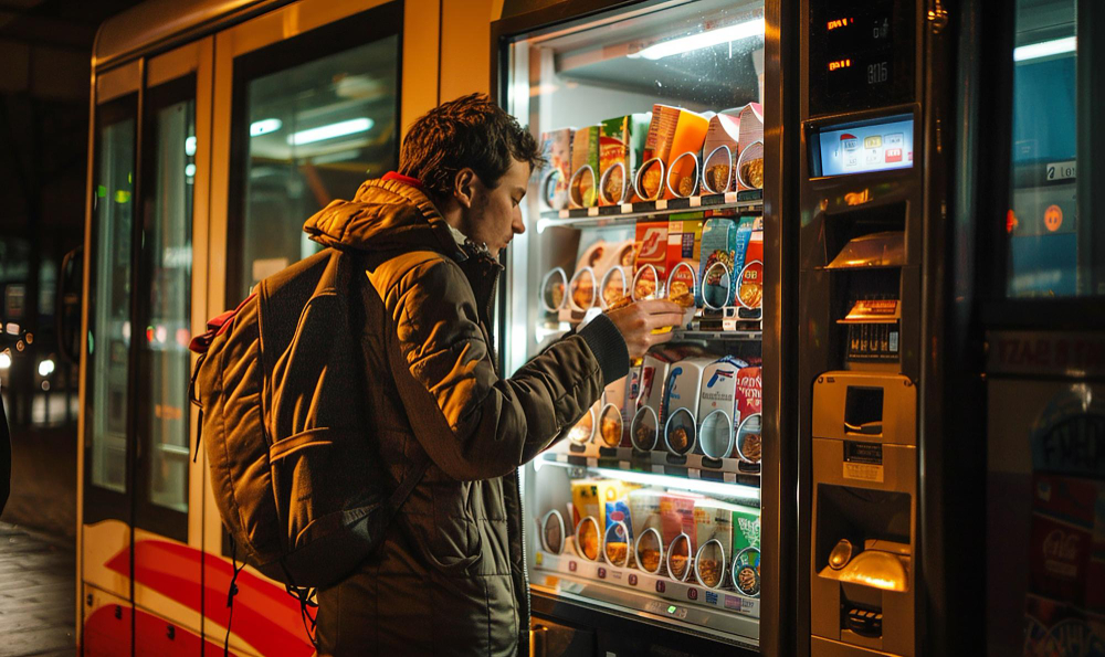 A man is looking at a digital tablet in a vending machine