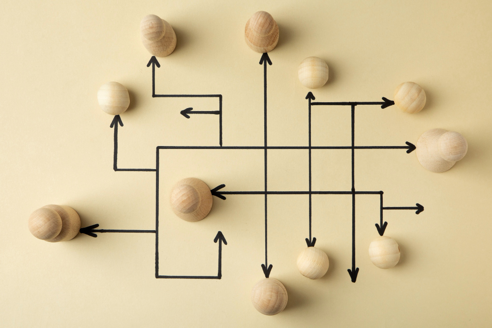 Top view wooden pawns arrangement/Business structure concept
