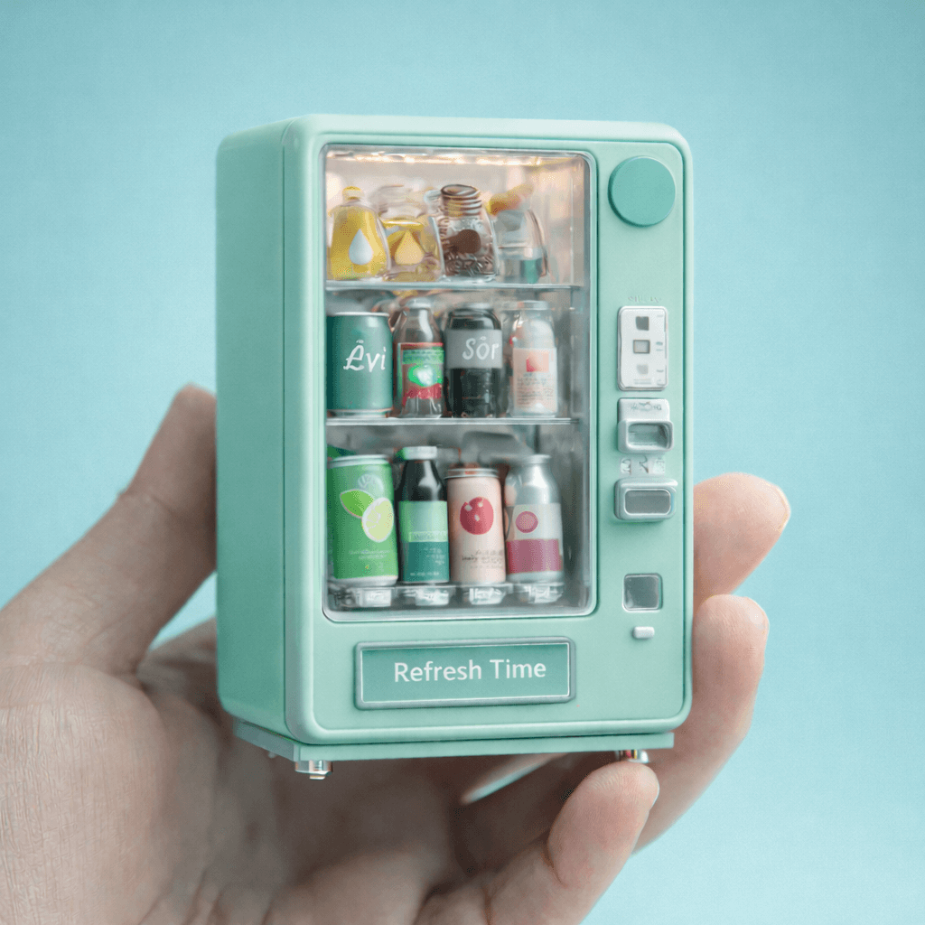 Hand holding a miniature vending machine filled with tiny drinks
