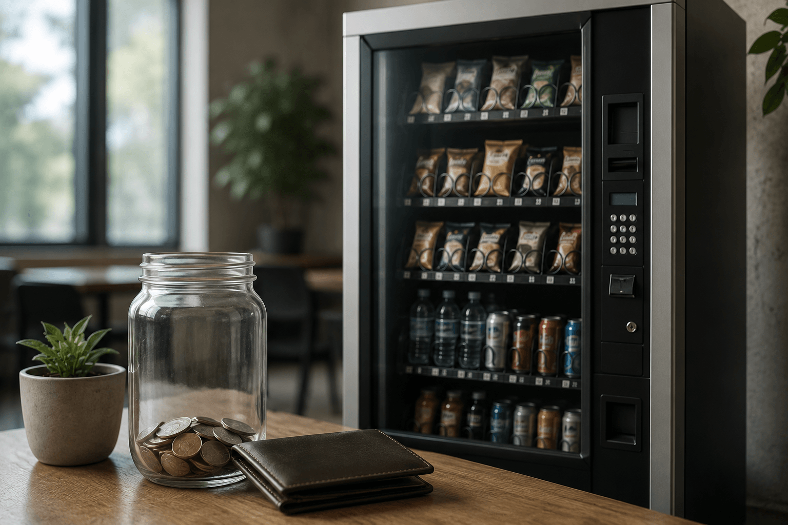 A used vending machine next to a glass jar with a few coins and a wallet on a table, symbolizing starting a vending machine business with little or no money