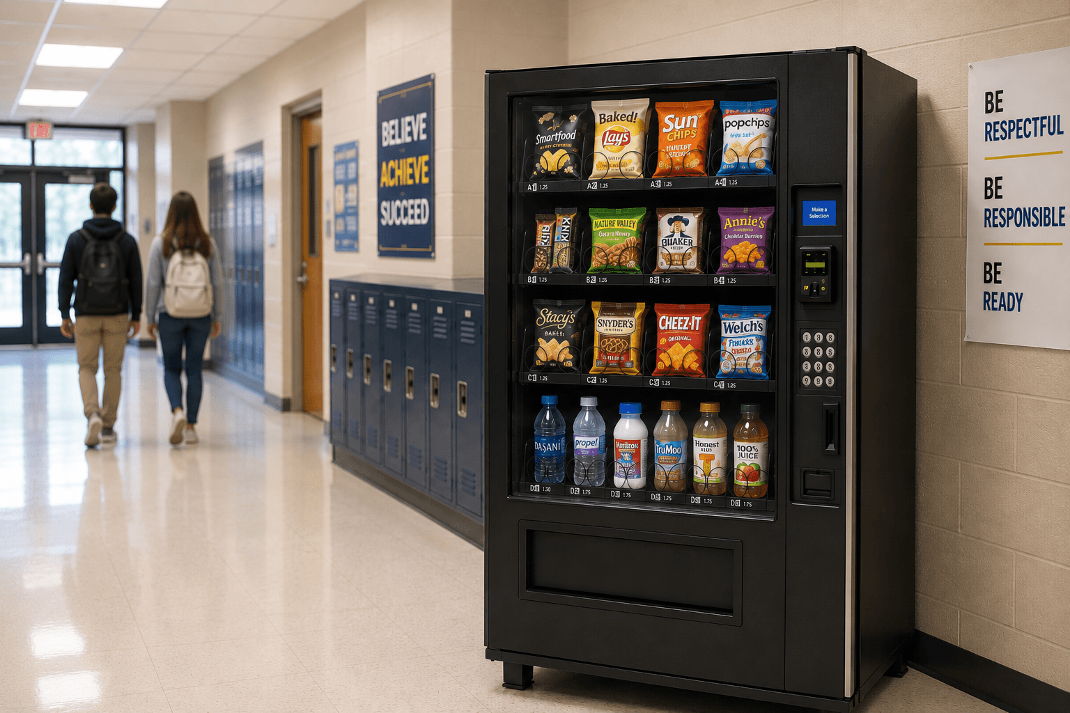 A healthy snack and drink vending machine in a bright school hallway, stocked with baked chips, granola bars, popcorn, juice, milk, and water, with two students walking in the background.