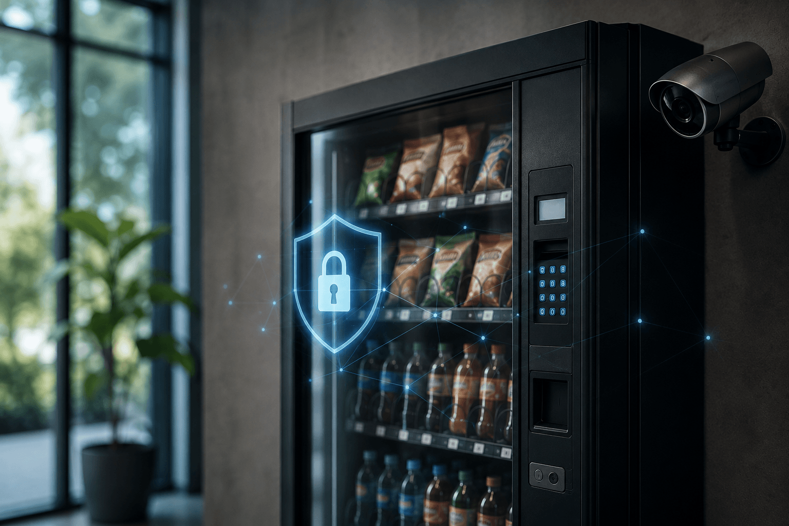 Vending machine with remote monitoring and security camera for theft prevention and detection.