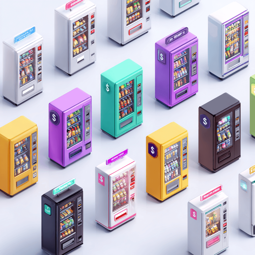 A clean, modern illustration of various types of vending machines (snack, drink, combo) with visible price tags or dollar signs above them.
